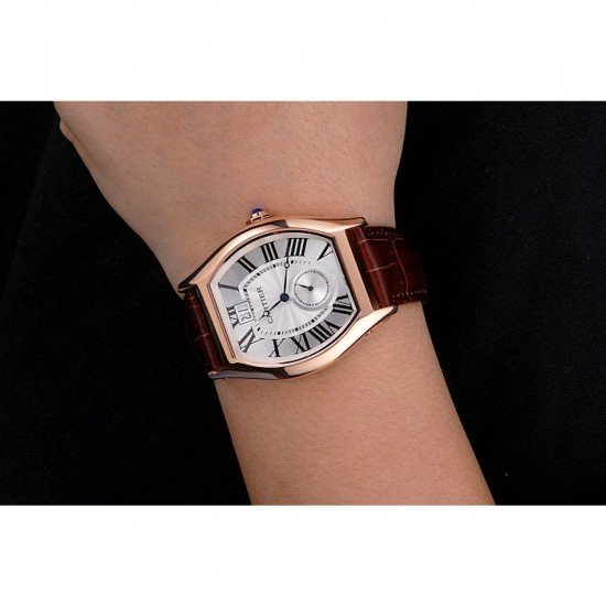 Cartier Tortue Large Date White Dial Gold Case Brown Leather Strap