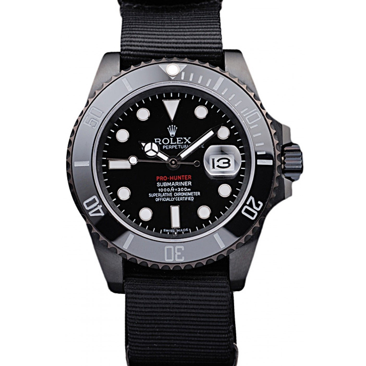 Rolex Swiss Submariner Pro-Hunter Black Fabric Strap Black Dial