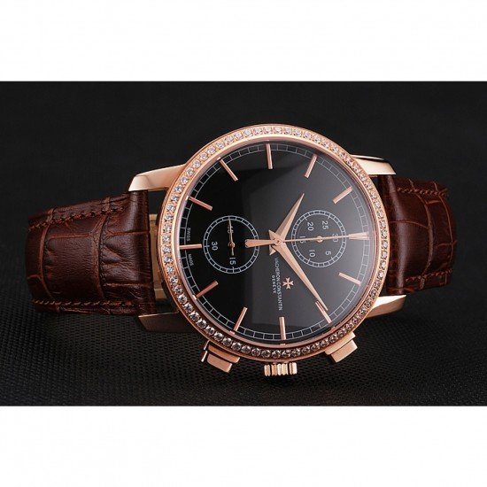 Swiss Vacheron Constantin Patrimony Traditionnelle Chronograph Black Dial Diamond Bezel Rose Gold Case Brown Leather Strap 1453765