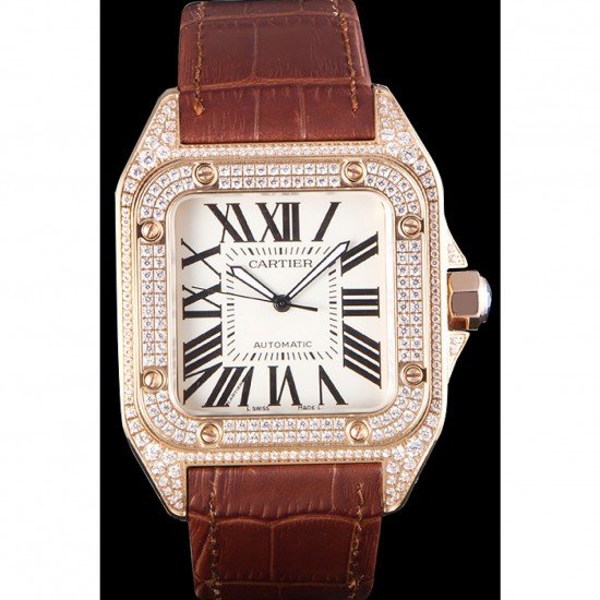 Swiss Cartier Santos Rose Gold Bezel with Diamonds and Brown Leather Strap sct46 621530