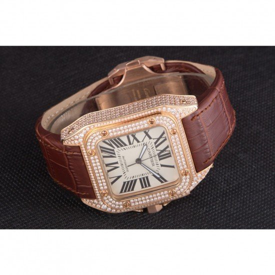 Swiss Cartier Santos Rose Gold Bezel with Diamonds and Brown Leather Strap sct46 621530