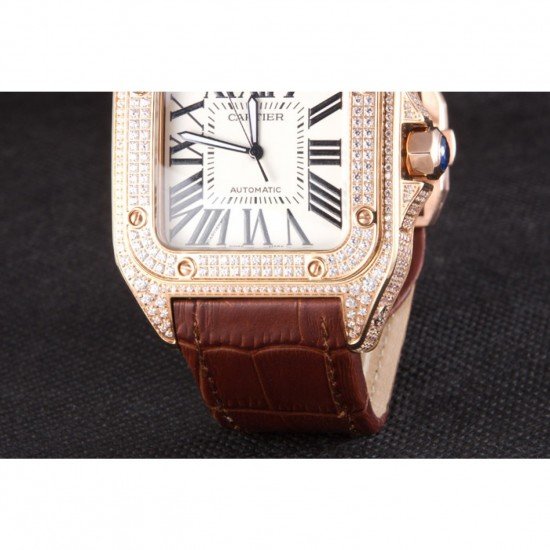 Swiss Cartier Santos Rose Gold Bezel with Diamonds and Brown Leather Strap sct46 621530