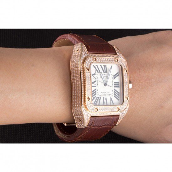 Swiss Cartier Santos Rose Gold Bezel with Diamonds and Brown Leather Strap sct46 621530