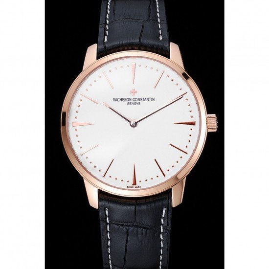 Swiss Vacheron Constantin Patrimony White Dial Rose Gold Case Black Leather Bracelet 1454165