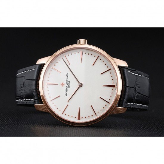 Swiss Vacheron Constantin Patrimony White Dial Rose Gold Case Black Leather Bracelet 1454165