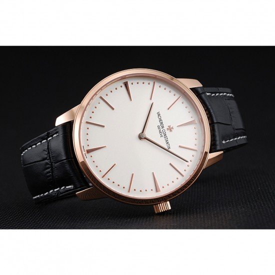 Swiss Vacheron Constantin Patrimony White Dial Rose Gold Case Black Leather Bracelet 1454165