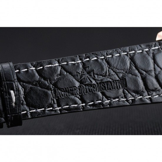 Swiss Vacheron Constantin Patrimony White Dial Rose Gold Case Black Leather Bracelet 1454165