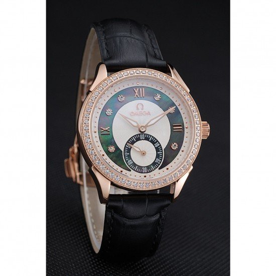 Omega DeVille Prestige Black Dial Gold Diamond Case Black Leather Bracelet 1454123