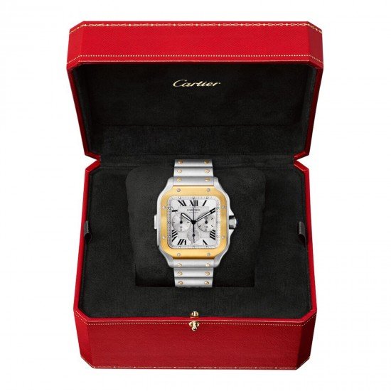 Swiss Santos de Cartier Chronograph watch, XL model, chronograph, gold and steel, interchangeable metal and rubber bracelets