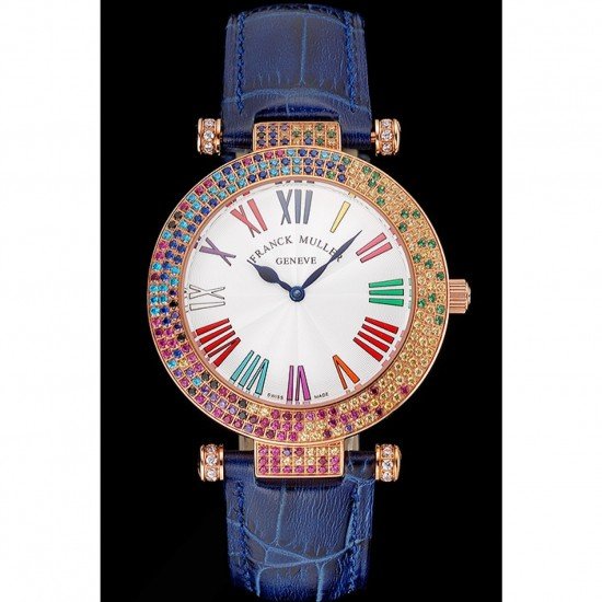 Franck Muller Double Mistery 4 Saisons White Dial Rose Gold Case Blue Leather Strap