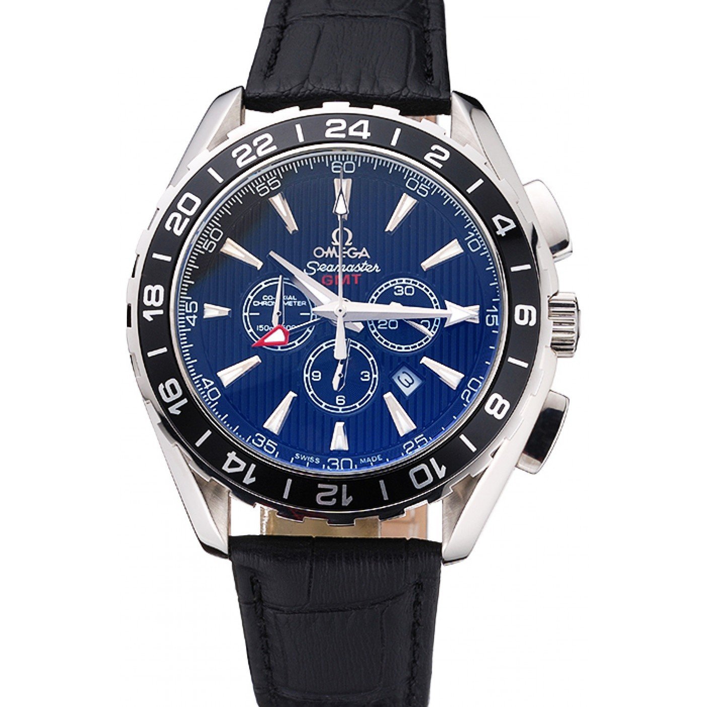 Omega Seamaster Aqua Terra Chrono GMT Black Dial Black Leather Bracelet 622535