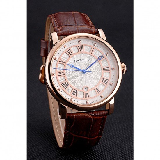 Cartier Rotonde Date White Dial Rose Gold Case Brown Leather Strap