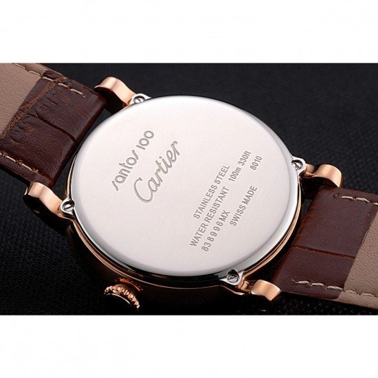 Cartier Rotonde Date White Dial Rose Gold Case Brown Leather Strap