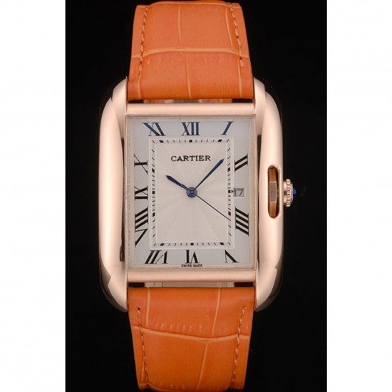 Cartier Tank Anglaise 36mm White Dial Gold Case Orange Leather Bracelet