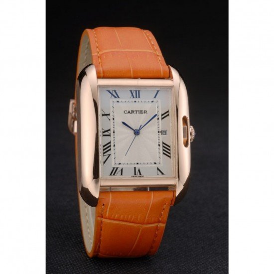 Cartier Tank Anglaise 36mm White Dial Gold Case Orange Leather Bracelet