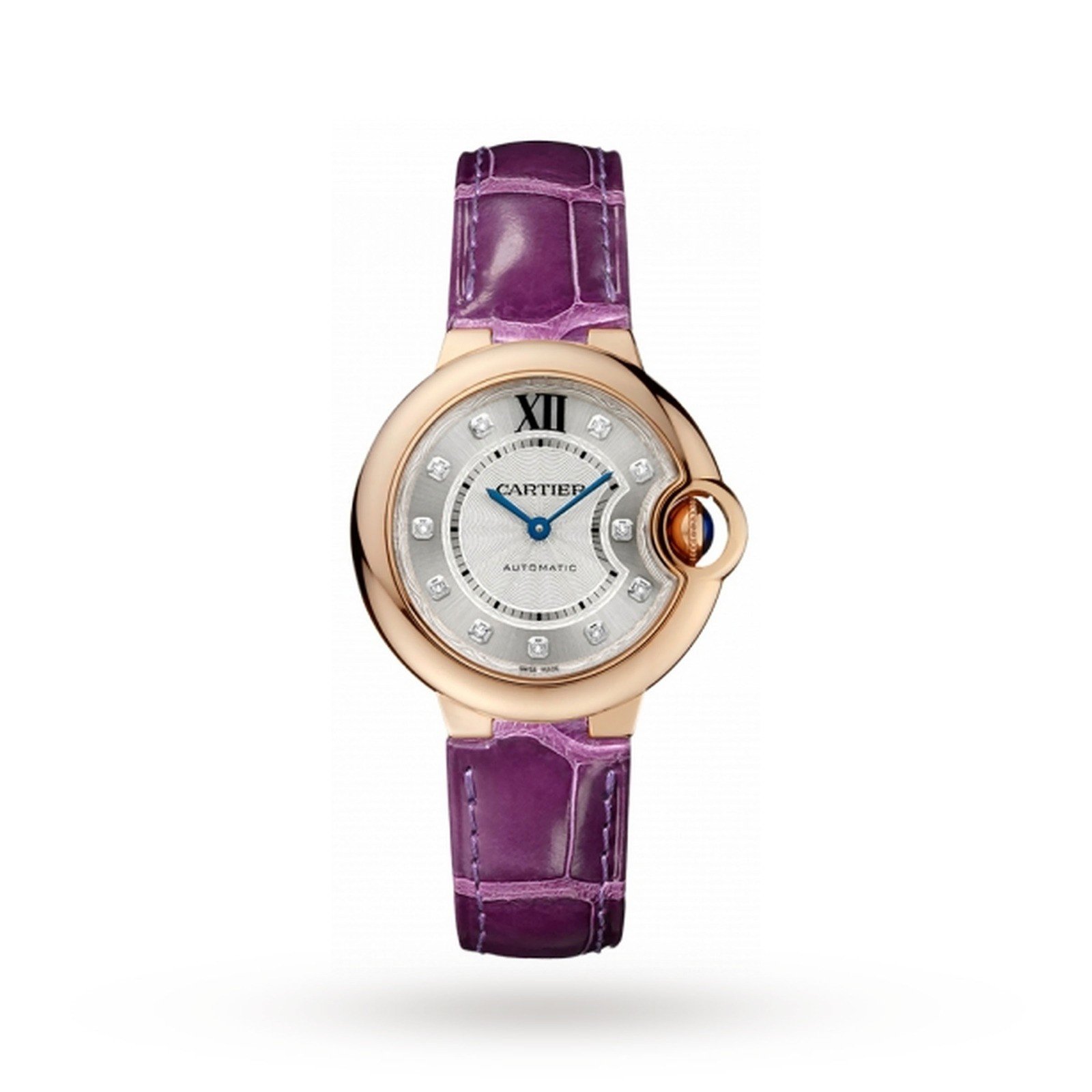 Swiss Ballon Bleu de Cartier watch, 33 mm, 18K rose gold, diamonds, leather