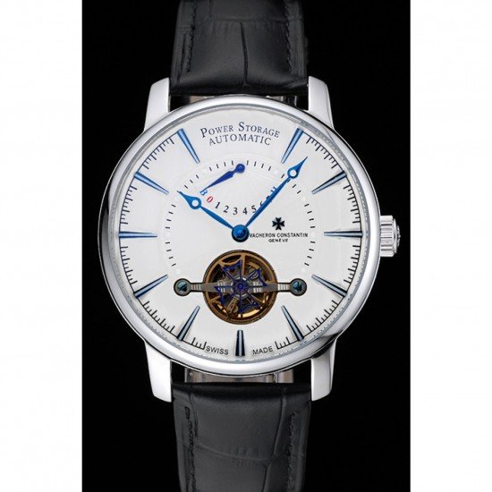 Vacheron Constantin Tourbillion Power Reserve White Dial Silver Case Black Leather Bracelet 1454276