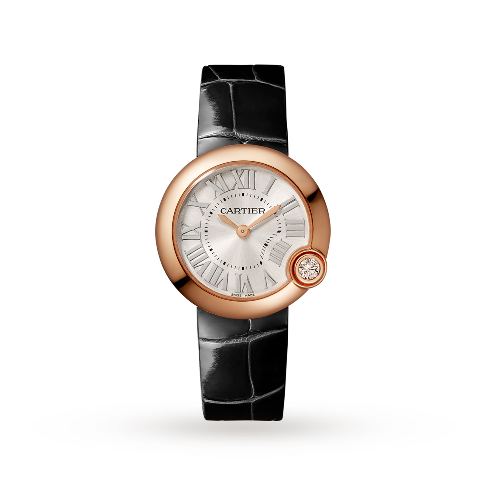 Swiss Ballon Blanc de Cartier watch, 30 mm, rose gold, diamond, leather