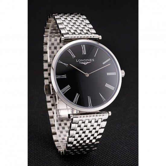 Swiss Longines Grande Classique Black Dial Roman Numerals Stainless Steel Case And Bracelet