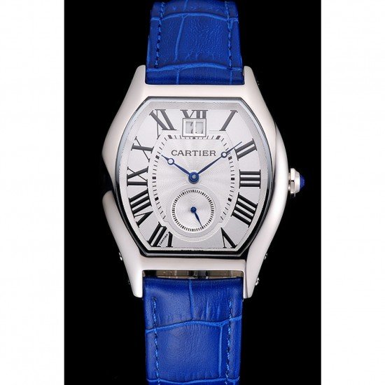 Cartier Tortue Large Date White Dial Stainless Steel Case Blue Leather Strap