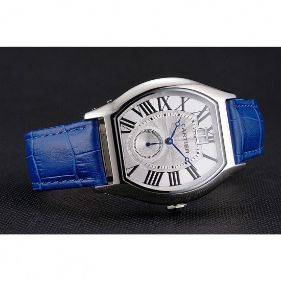 Cartier Tortue Large Date White Dial Stainless Steel Case Blue Leather Strap