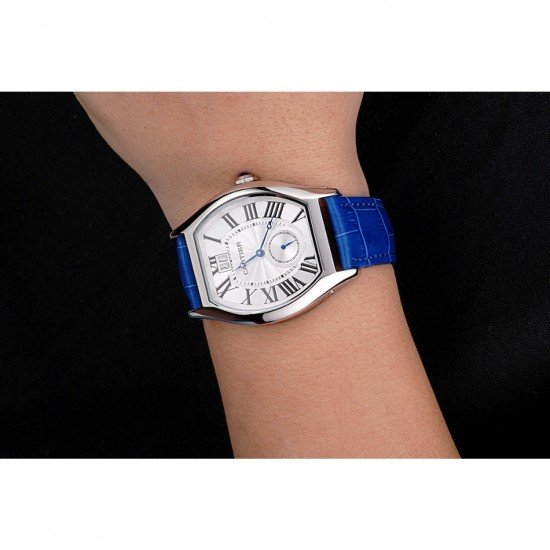 Cartier Tortue Large Date White Dial Stainless Steel Case Blue Leather Strap