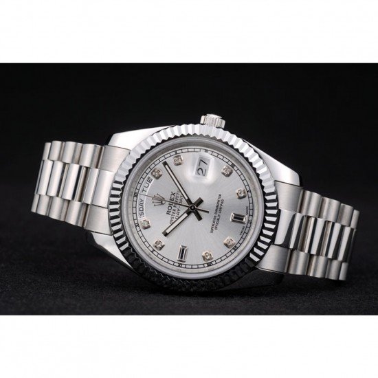 Rolex Swiss DayDate Stainless Steel Ribbed Bezel Silver Dial 41995