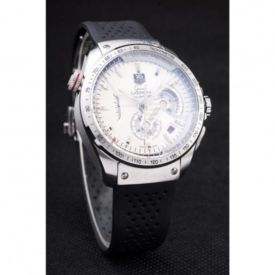 Tag Heuer Swiss Carrera Tachymeter Bezel Perforated Black Rubber Strap White Dial