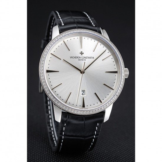 Swiss Vacheron Constantin Patrimony White Dial Silver Diamonds Case Black Leather Bracelet 1454162