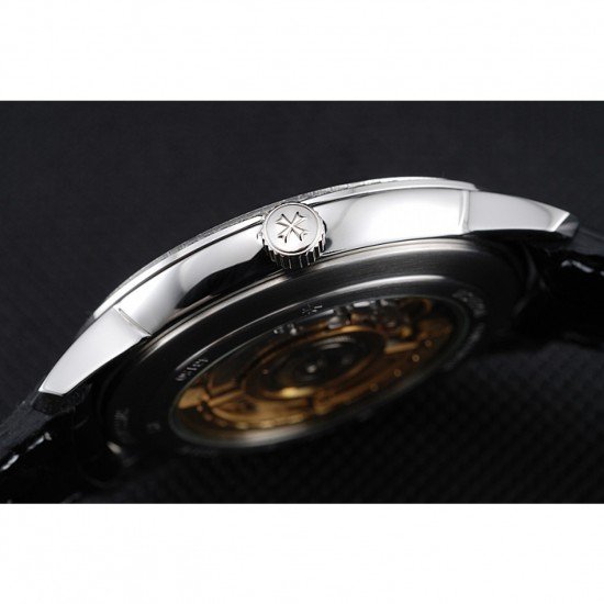 Swiss Vacheron Constantin Patrimony White Dial Silver Diamonds Case Black Leather Bracelet 1454162