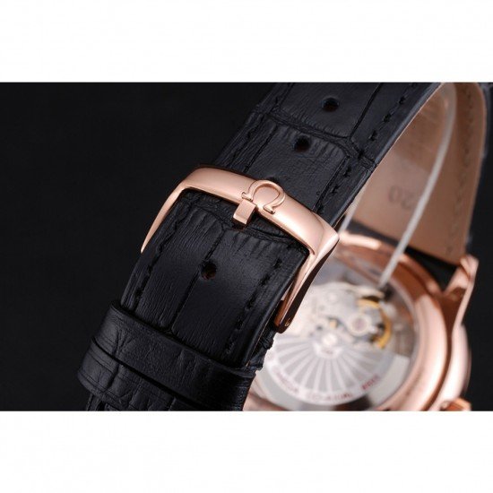 Omega De Ville Prestige Co-Axial Black Dial Rose Gold Diamond Case Black Leather Strap Roman Numeral