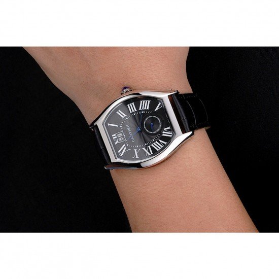 Cartier Tortue Large Date Black Dial Stainless Steel Case Black Leather Strap