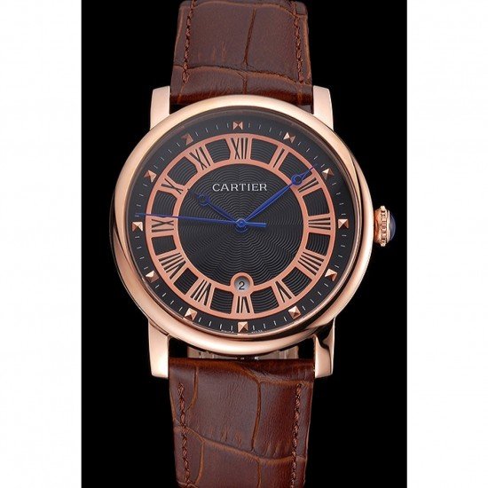 Cartier Rotonde Date Black Dial Rose Gold Case Brown Leather Strap