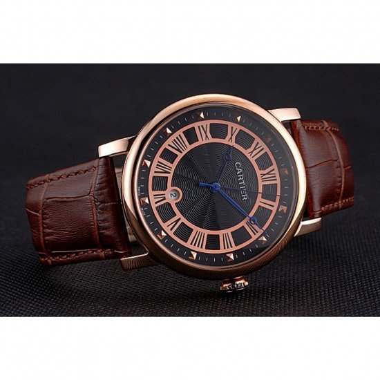 Cartier Rotonde Date Black Dial Rose Gold Case Brown Leather Strap