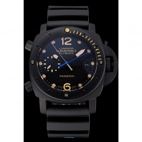 Panerai Luminor Submersible Flyback Date Black Dial Yellow Markings Black Ionized Case Black Rubber Strap