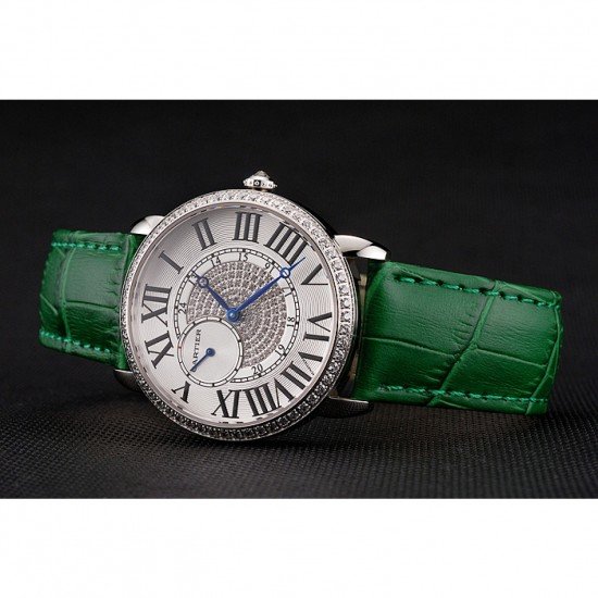 Cartier Ronde Louis Silver Diamond Case White Dial Green Leather Bracelet 1454012