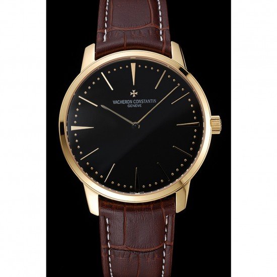 Swiss Vacheron Constantin Patrimony Grand Taille Black Dial Gold Case Brown Leather Bracelet 1454178