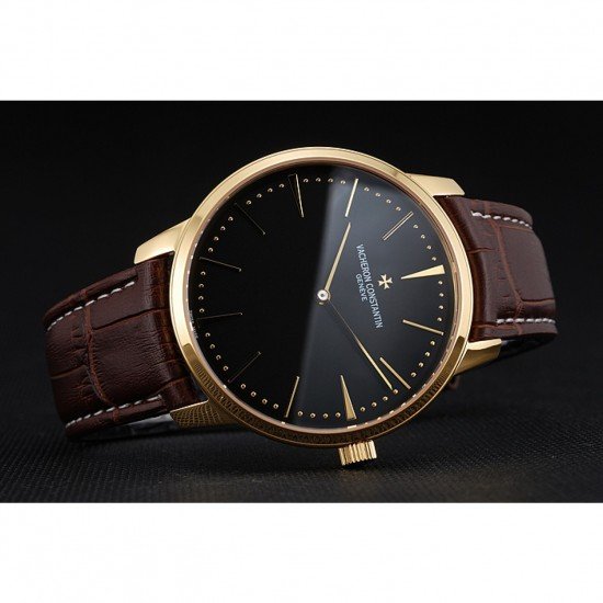 Swiss Vacheron Constantin Patrimony Grand Taille Black Dial Gold Case Brown Leather Bracelet 1454178