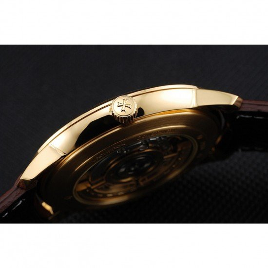 Swiss Vacheron Constantin Patrimony Grand Taille Black Dial Gold Case Brown Leather Bracelet 1454178