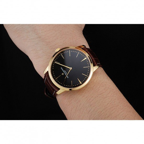 Swiss Vacheron Constantin Patrimony Grand Taille Black Dial Gold Case Brown Leather Bracelet 1454178