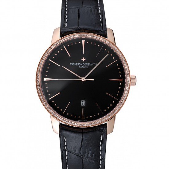 Swiss Vacheron Constantin Patrimony Black Dial Rose Gold Diamonds Case Black Leather Bracelet 1454175