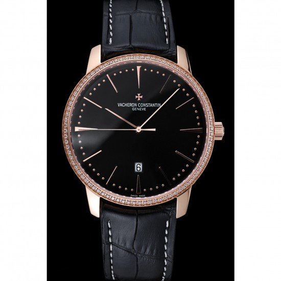 Swiss Vacheron Constantin Patrimony Black Dial Rose Gold Diamonds Case Black Leather Bracelet 1454175