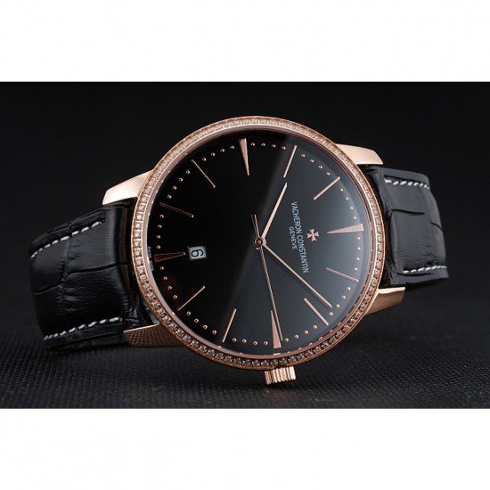 Swiss Vacheron Constantin Patrimony Black Dial Rose Gold Diamonds Case Black Leather Bracelet 1454175