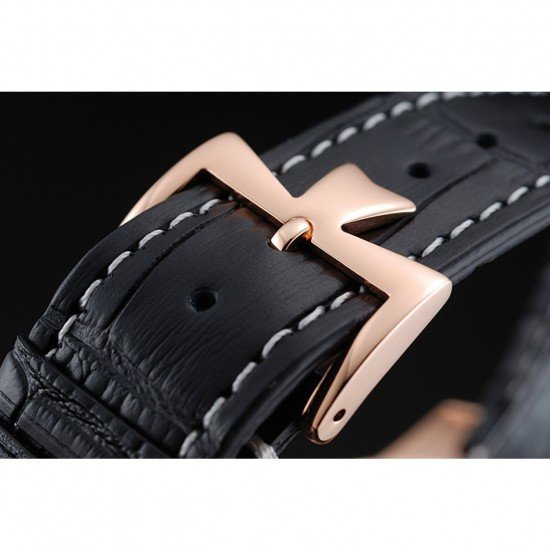 Swiss Vacheron Constantin Patrimony Black Dial Rose Gold Diamonds Case Black Leather Bracelet 1454175