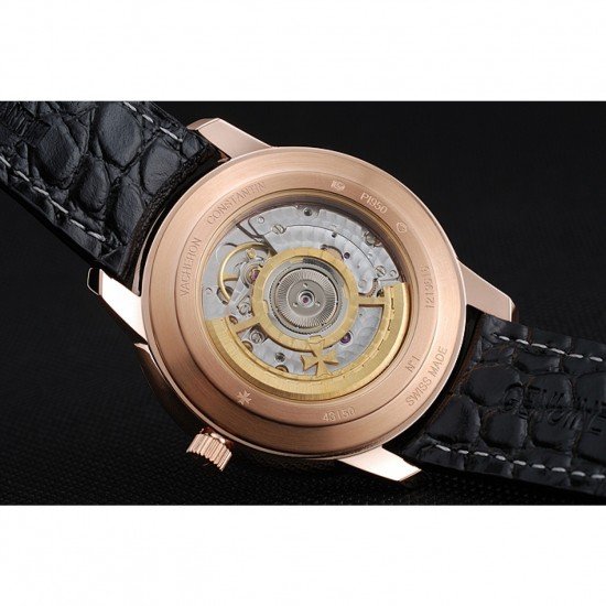 Swiss Vacheron Constantin Patrimony Black Dial Rose Gold Diamonds Case Black Leather Bracelet 1454175