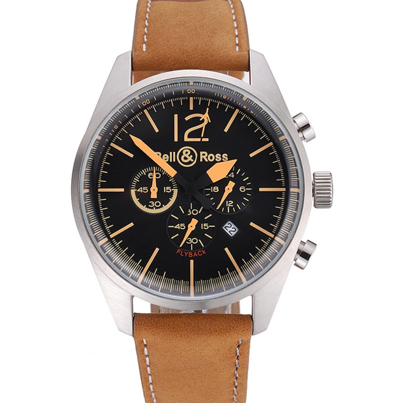 Bell and Ross BR126 Flyback Black Dial Silver Case Gold Numerals Brown Suede Leather Strap