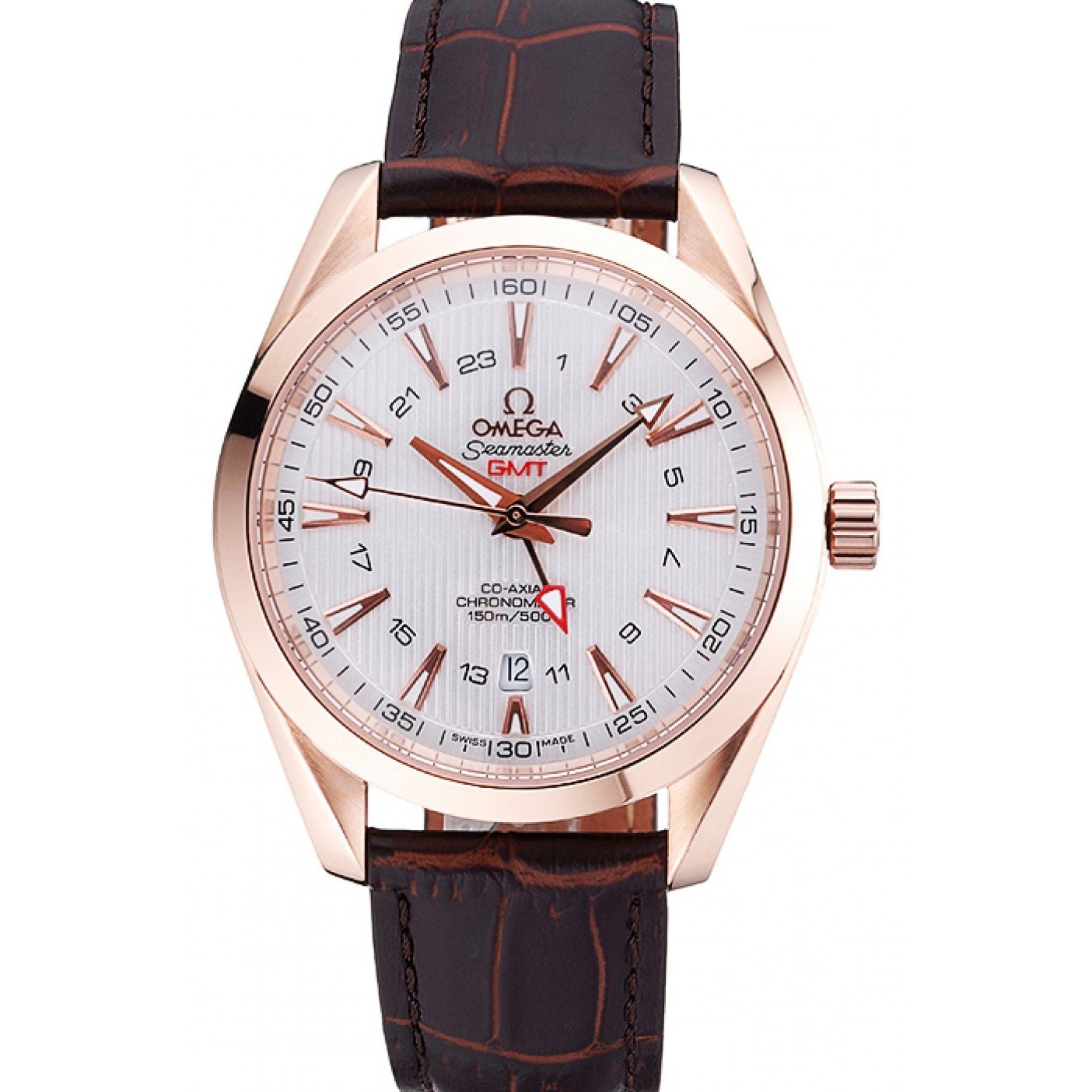 Omega Seamaster Planet Ocean GMT White Dial Rose Gold Case Brown Leather Band 622400