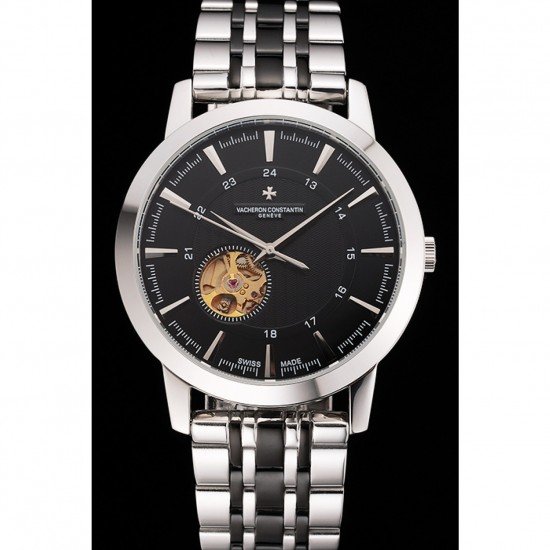 Vacheron Constantin Tourbillon Black Dial Stainless Steel Case Two Tone Steel Black Bracelet