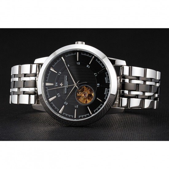 Vacheron Constantin Tourbillon Black Dial Stainless Steel Case Two Tone Steel Black Bracelet