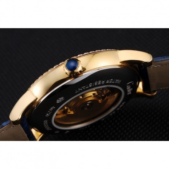 Swiss Cartier Ronde Solo Blue Dial Gold Diamond Case Blue Leather Strap